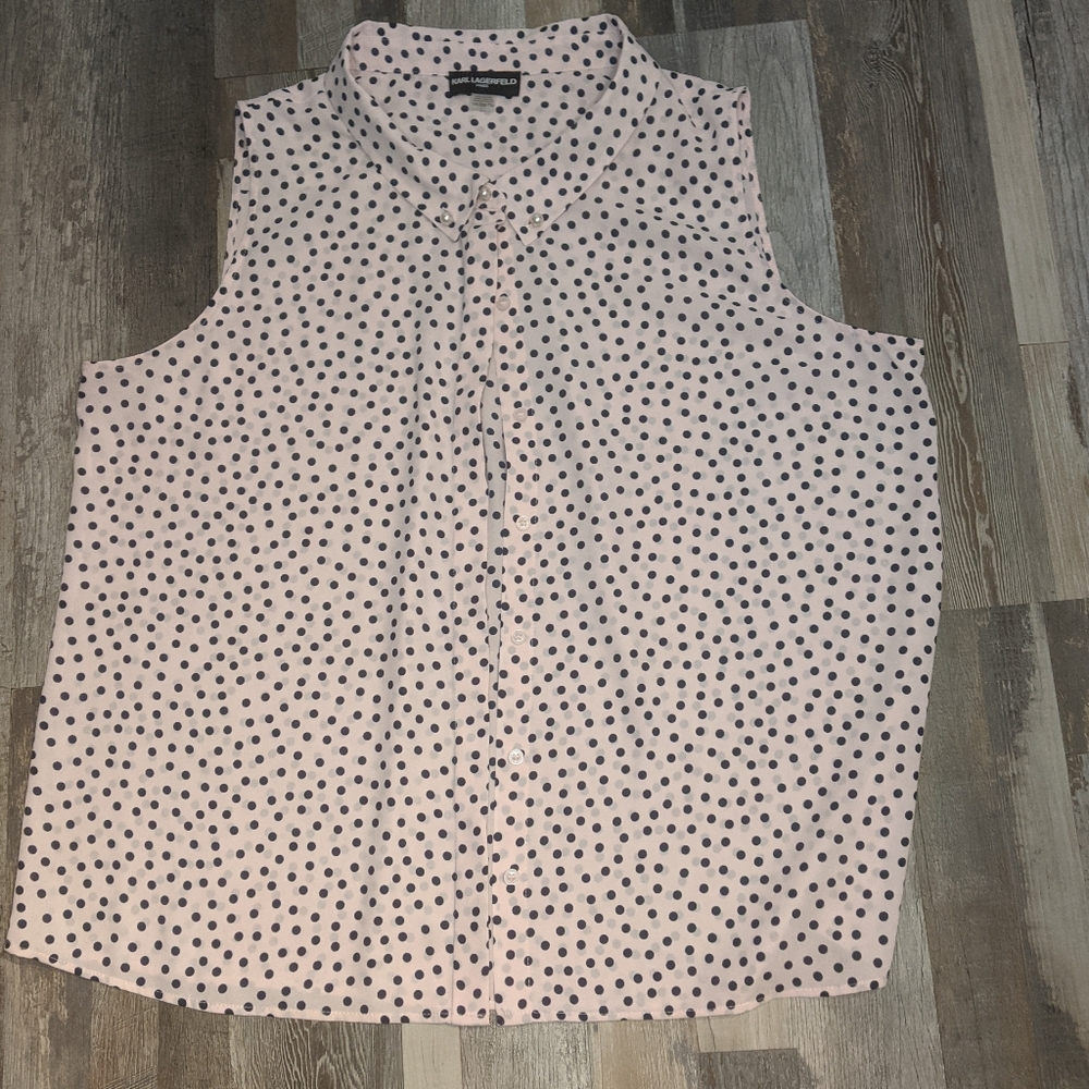 Karl Lagerfield Women's Blouse, XXL, Pink with Black Polka Dots